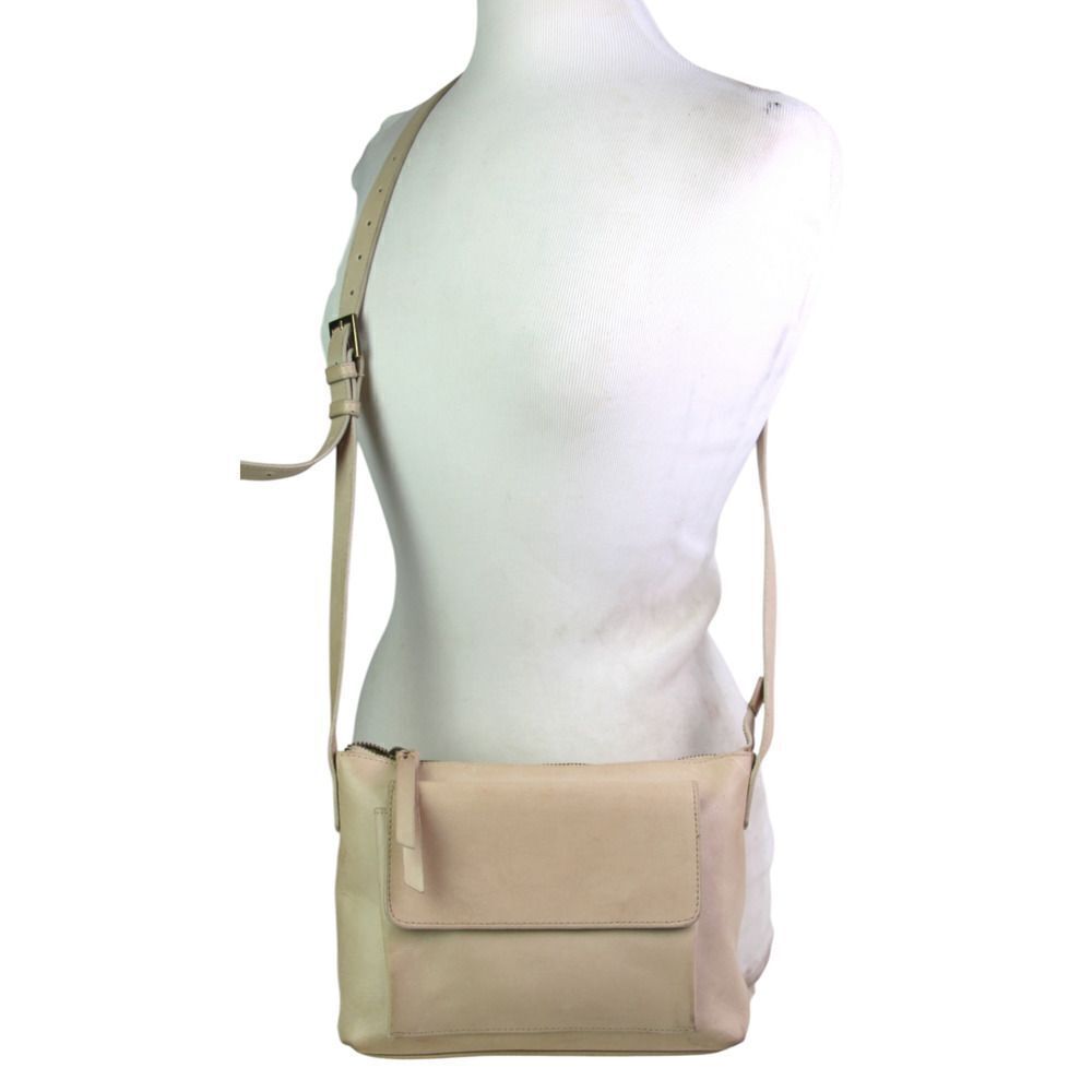ABLE BRAZIL BEIGE REAL LEATHER ZIP TOP X-BODY PURSE SHOULDER BAG HANDBAG